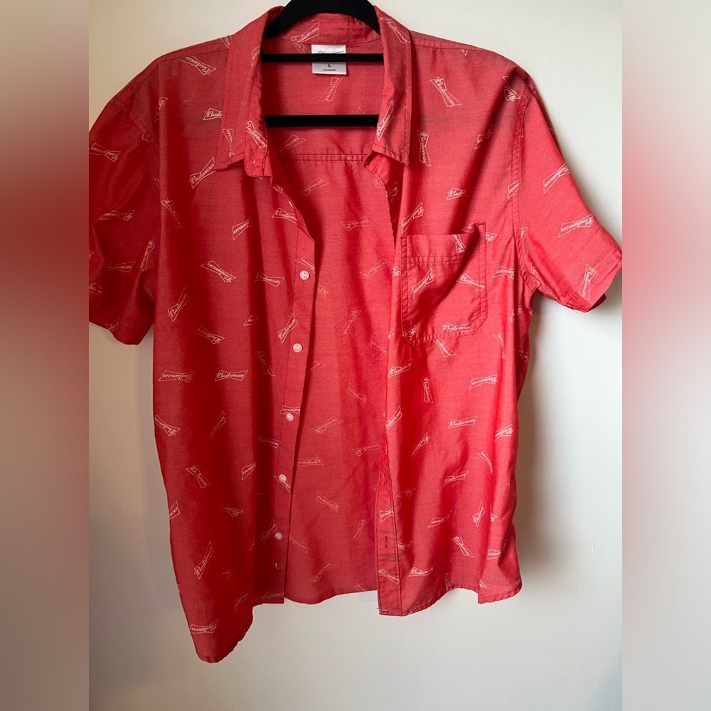Budweiser Beer Red Short Sleeve Button up Button Down Shirt Large Men’s